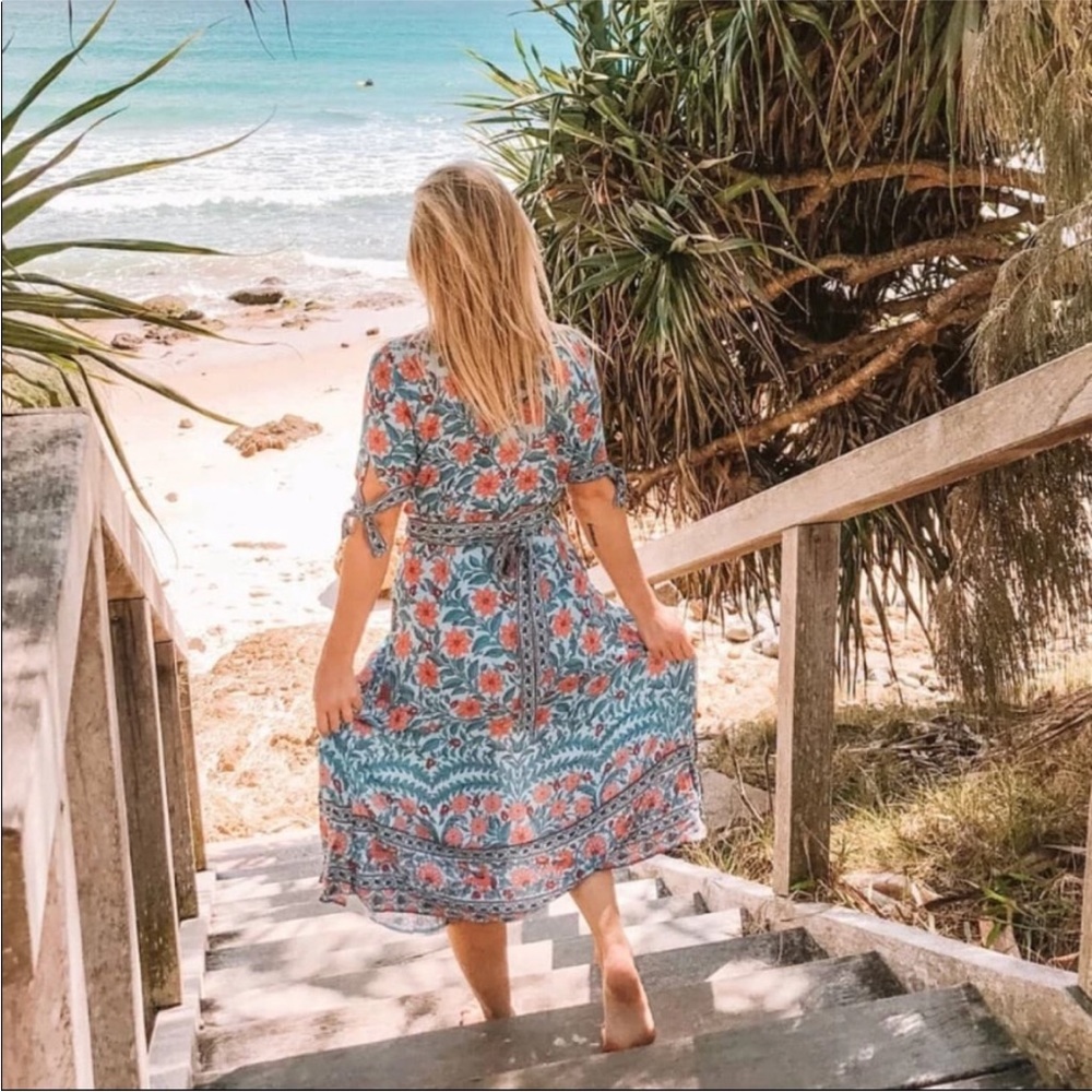 Bohemian Gypsy Floral Print Dress Tie Sleeve Slit - Picture 6 of 15